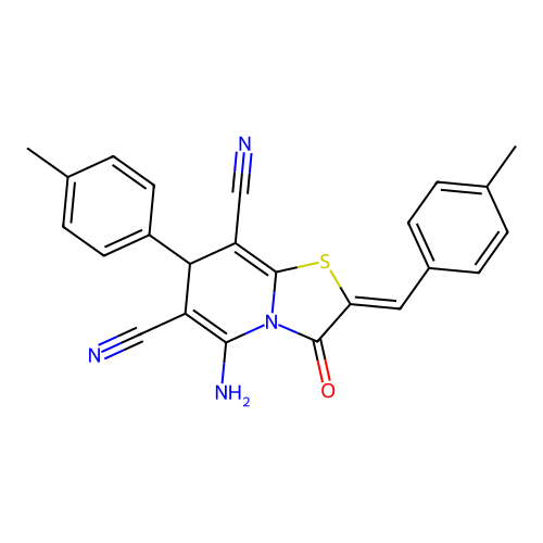 (Z)-5-amino-2-(4-methylbenzylidene)-3-oxo-7-(p-tolyl)-3,7-dihydro-2H-thiazolo[3,2-a]pyridine-6,8-dicarbonitrile structure