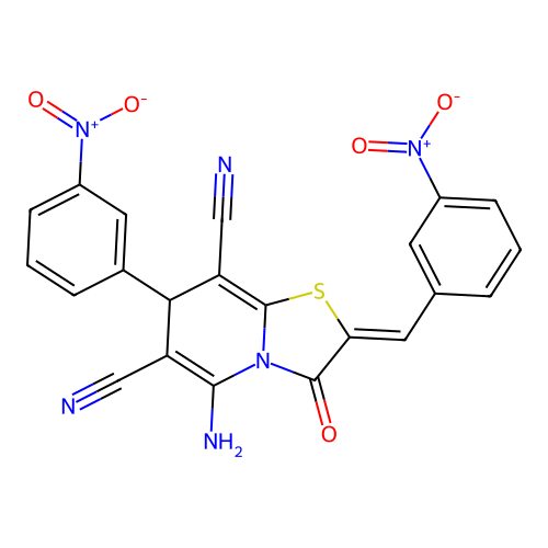 (2Z)-5-amino-2-(3-nitrobenzylidene)-7-(3-nitrophenyl)-3-oxo-2,3-dihydro-7H-[1,3]thiazolo[3,2-a]pyridine-6,8-dicarbonitrile structure