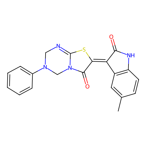 (7Z)-7-(5-methyl-2-oxo-1,2-dihydro-3H-indol-3-ylidene)-3-phenyl-3,4-dihydro-2H-[1,3]thiazolo[3,2-a][1,3,5]triazin-6(7H)-one structure