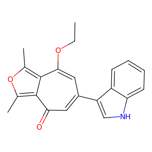 8-ethoxy-6-(1H-indol-3-yl)-1,3-dimethyl-4H-cyclohepta[c]furan-4-one structure