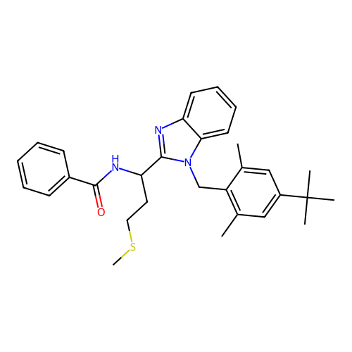 N-(1-(1-(4-(tert-butyl)-2,6-dimethylbenzyl)-1H-benzo[d]imidazol-2-yl)-3-(methylthio)propyl)benzamide structure