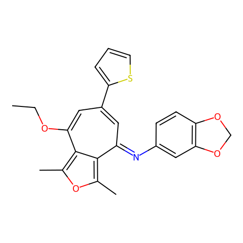 (E)-N-(8-ethoxy-1,3-dimethyl-6-(thiophen-2-yl)-4H-cyclohepta[c]furan-4-ylidene)benzo[d][1,3]dioxol-5-amine structure