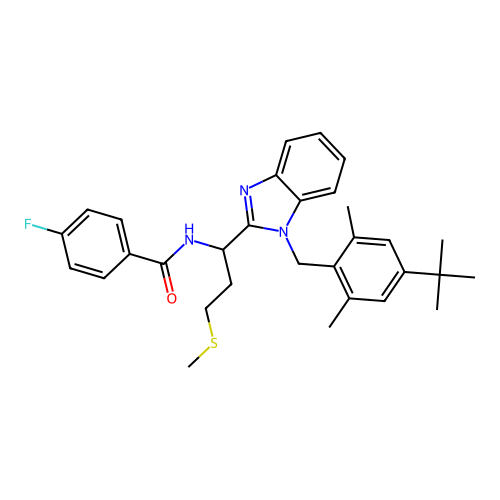 N-(1-(1-(4-(tert-butyl)-2,6-dimethylbenzyl)-1H-benzo[d]imidazol-2-yl)-3-(methylthio)propyl)-4-fluorobenzamide structure