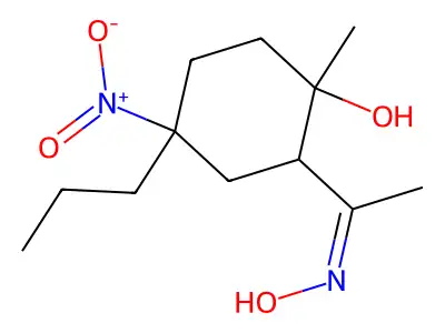 2-(N-hydroxy-C-methylcarbonimidoyl)-1-methyl-4-nitro-4-propylcyclohexan-1-ol structure