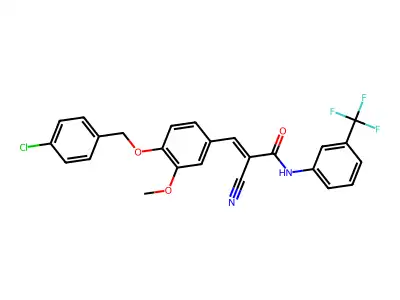 (E)-3-[4-[(4-chlorophenyl)methoxy]-3-methoxyphenyl]-2-cyano-N-[3-(trifluoromethyl)phenyl]prop-2-enamide structure