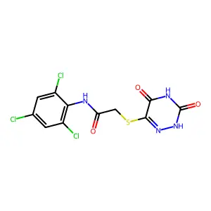 2-[(3,5-dioxo-2H-1,2,4-triazin-6-yl)sulfanyl]-N-(2,4,6-trichlorophenyl)acetamide structure
