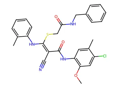 (E)-3-[2-(benzylamino)-2-oxoethyl]sulfanyl-N-(4-chloro-2-methoxy-5-methylphenyl)-2-cyano-3-(2-methylanilino)prop-2-enamide structure