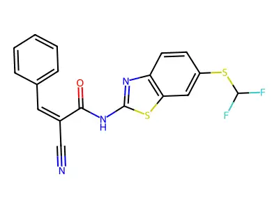 (Z)-2-cyano-N-[6-(difluoromethylsulfanyl)-1,3-benzothiazol-2-yl]-3-phenylprop-2-enamide structure