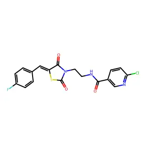 6-chloro-N-(2-{5-[(4-fluorophenyl)methylidene]-2,4-dioxo-1,3-thiazolidin-3-yl}ethyl)pyridine-3-carboxamide structure