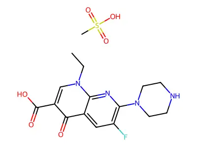 1,8-Naphthyridine-3-carboxylic acid, 1,4-dihydro-1-ethyl-6-fluoro-4-oxo-7-(1-piperazinyl)-, monomethanesulfonate structure