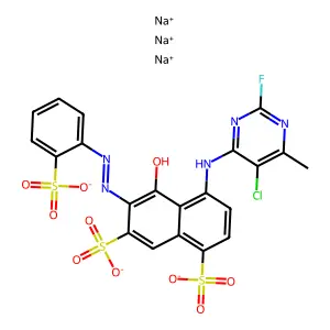 1,7-Naphthalenedisulfonic acid, 4-((5-chloro-2-fluoro-6-methyl-4-pyrimidinyl)amino)-5-hydroxy-6-((2-sulfophenyl)azo)-, trisodium salt structure