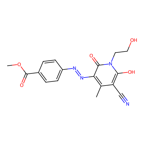 (E)-methyl 4-(2-(5-cyano-1-(2-hydroxyethyl)-4-methyl-2,6-dioxo-1,6-dihydropyridin-3(2H)-ylidene)hydrazinyl)benzoate structure