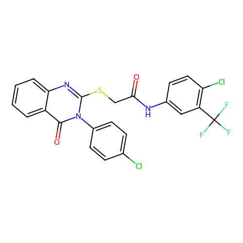 2-[3-(4-chlorophenyl)-4-oxoquinazolin-2-yl]sulfanyl-N-[4-chloro-3-(trifluoromethyl)phenyl]acetamide structure