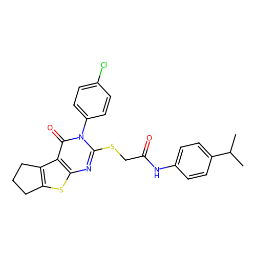 2-((3-(4-chlorophenyl)-4-oxo-4,5,6,7-tetrahydro-3H-cyclopenta[4,5]thieno[2,3-d]pyrimidin-2-yl)thio)-N-(4-isopropylphenyl)acetamide structure