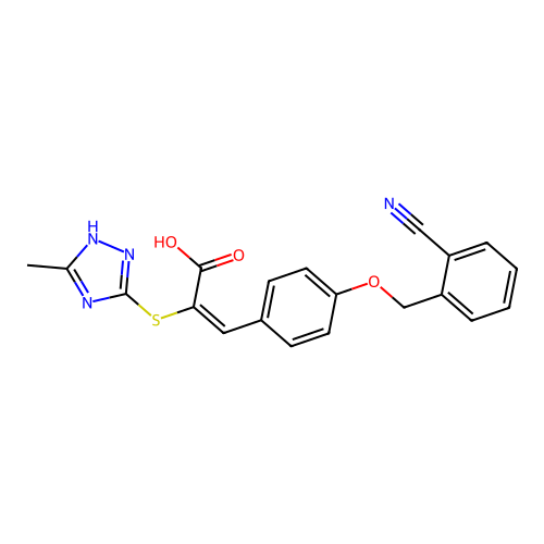 (2E)-3-{4-[(2-cyanobenzyl)oxy]phenyl}-2-[(3-methyl-1H-1,2,4-triazol-4-ium-5-yl)sulfanyl]prop-2-enoate structure