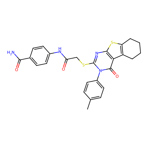 4-(2-((4-oxo-3-(p-tolyl)-3,4,5,6,7,8-hexahydrobenzo[4,5]thieno[2,3-d]pyrimidin-2-yl)thio)acetamido)benzamide structure