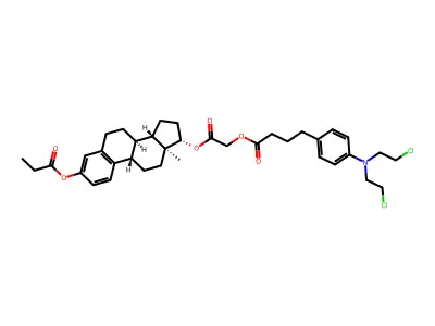Estra-1,3,5(10)-triene-3,17-diol (17-beta)-, 17-((4-(4-(bis(2-chloroethyl)amino)phenyl)-1-oxobutoxy)acetate) 3-propanoate structure