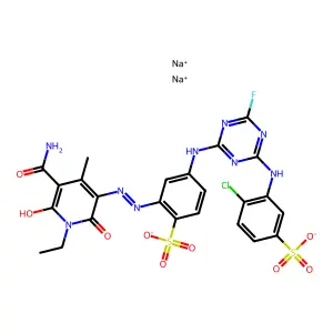 Benzenesulfonic acid, 2-(2-(5-(aminocarbonyl)-1-ethyl-1,6-dihydro-2-hydroxy-4-methyl-6-oxo-3-pyridinyl)diazenyl)-4-((4-((2-chloro-5-sulfophenyl)amino)-6-fluoro-1,3,5-triazin-2-yl)amino)-, sodium salt (1:2) structure