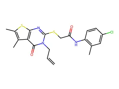 2-((3-allyl-5,6-dimethyl-4-oxo-3,4-dihydrothieno[2,3-d]pyrimidin-2-yl)thio)-N-(4-chloro-2-methylphenyl)acetamide structure