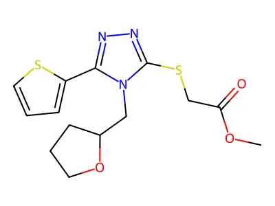 Methyl 2-[4-(oxolan-2-ylmethyl)-5-(2-thienyl)-1,2,4-triazol-3-ylthio]acetate structure