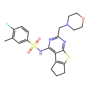 4-fluoro-3-methyl-N-[10-(morpholin-4-ylmethyl)-7-thia-9,11-diazatricyclo[6.4.0.02,6]dodeca-1(12),2(6),8,10-tetraen-12-yl]benzenesulfonamide structure