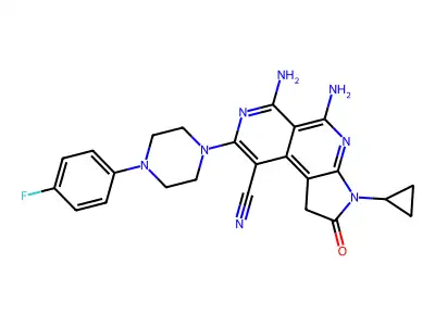 5,6-diamino-3-cyclopropyl-8-[4-(4-fluorophenyl)piperazin-1-yl]-2-oxo-1H-pyrrolo[2,3-c][2,7]naphthyridine-9-carbonitrile structure