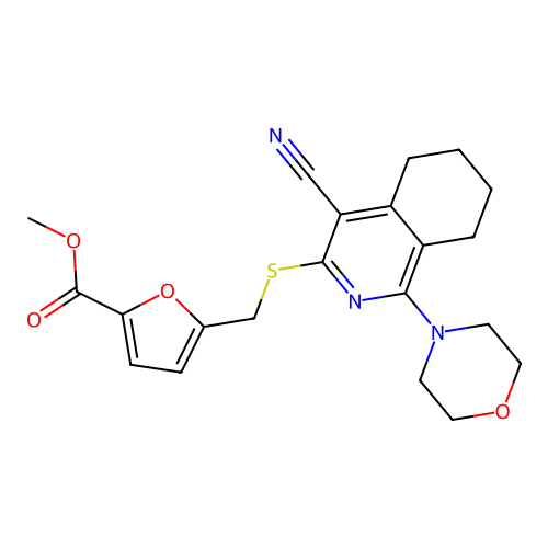 methyl 5-(((4-cyano-1-morpholino-5,6,7,8-tetrahydroisoquinolin-3-yl)thio)methyl)furan-2-carboxylate structure