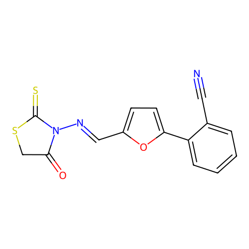 (E)-2-(5-(((4-oxo-2-thioxothiazolidin-3-yl)imino)methyl)furan-2-yl)benzonitrile structure
