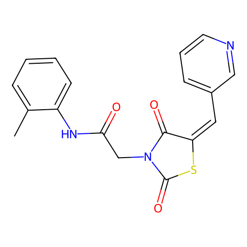 2-[(5E)-2,4-dioxo-5-(pyridin-3-ylmethylidene)-1,3-thiazolidin-3-yl]-N-(2-methylphenyl)acetamide structure
