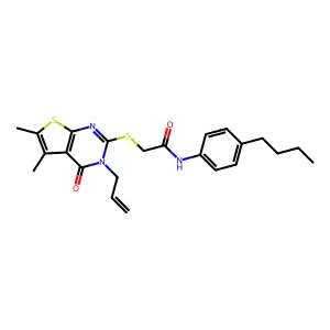 2-(5,6-dimethyl-4-oxo-3-prop-2-enyl(3-hydrothiopheno[2,3-d]pyrimidin-2-ylthio))-N-(4-butylphenyl)acetamide structure