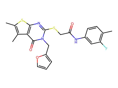 N-(3-fluoro-4-methylphenyl)-2-[3-(2-furylmethyl)-5,6-dimethyl-4-oxo(3-hydrothi opheno[2,3-d]pyrimidin-2-ylthio)]acetamide structure