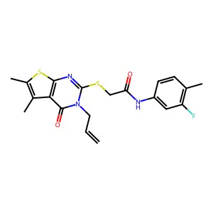 2-{[5,6-dimethyl-4-oxo-3-(prop-2-en-1-yl)-3,4-dihydrothieno[2,3-d]pyrimidin-2-yl]sulfanyl}-N-(3-fluoro-4-methylphenyl)acetamide structure