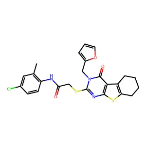 N-(4-chloro-2-methylphenyl)-2-[3-(2-furylmethyl)-4-oxo(3,5,6,7,8-pentahydroben zo[b]thiopheno[2,3-d]pyrimidin-2-ylthio)]acetamide structure