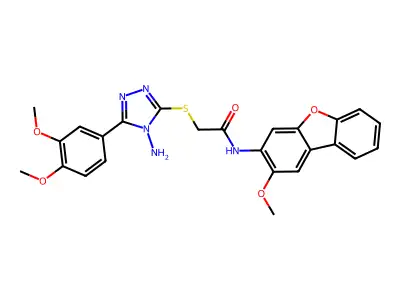 2-[4-amino-5-(3,4-dimethoxyphenyl)(1,2,4-triazol-3-ylthio)]-N-(2-methoxybenzo[3,4-b]benzo[d]furan-3-yl)acetamide structure
