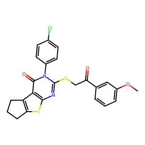 3-(4-chlorophenyl)-2-{[2-(3-methoxyphenyl)-2-oxoethyl]sulfanyl}-3,5,6,7-tetrahydro-4H-cyclopenta[4,5]thieno[2,3-d]pyrimidin-4-one structure