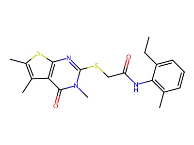 N-(2-ethyl-6-methylphenyl)-2-[(3,5,6-trimethyl-4-oxo-3,4-dihydrothieno[2,3-d]pyrimidin-2-yl)sulfanyl]acetamide structure