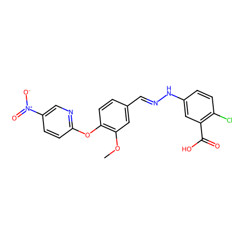 2-chloro-5-[(2E)-2-{3-methoxy-4-[(5-nitropyridin-2-yl)oxy]benzylidene}hydrazinyl]benzoic acid structure