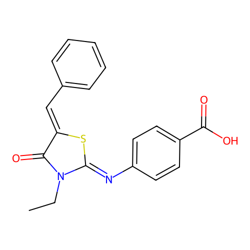 4-((E)-((Z)-5-benzylidene-3-ethyl-4-oxothiazolidin-2-ylidene)amino)benzoic acid structure