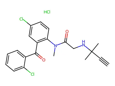 Acetamide, N-(4-chloro-2-(2-chlorobenzoyl)phenyl)-2-((1,1-dimethyl-2-propynyl)amino)-N-methyl-, monohydrochloride structure