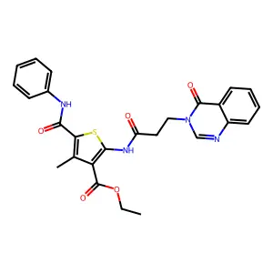 ethyl 4-methyl-2-{[3-(4-oxoquinazolin-3(4H)-yl)propanoyl]amino}-5-(phenylcarbamoyl)thiophene-3-carboxylate structure