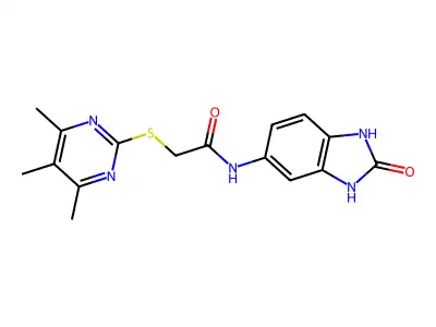 N-(2-oxo-1,3-dihydrobenzimidazol-5-yl)-2-(4,5,6-trimethylpyrimidin-2-yl)sulfanylacetamide structure