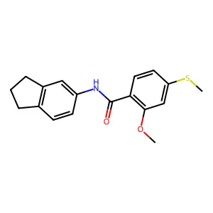 N-(2,3-dihydro-1H-inden-5-yl)-2-methoxy-4-methylsulfanylbenzamide structure