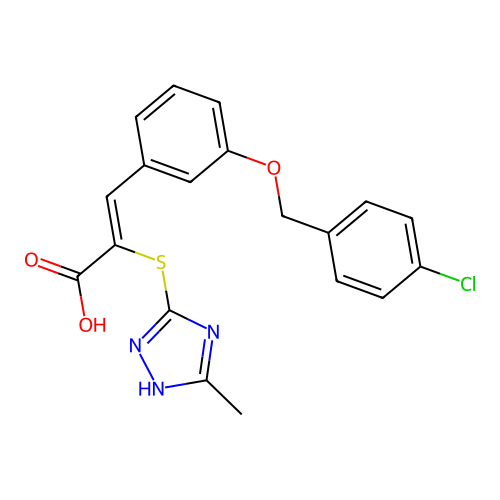 (2Z)-3-{3-[(4-chlorobenzyl)oxy]phenyl}-2-[(5-methyl-4H-1,2,4-triazol-3-yl)sulfanyl]prop-2-enoic acid structure