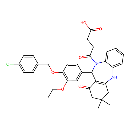 4-(11-(4-((4-chlorobenzyl)oxy)-3-ethoxyphenyl)-3,3-dimethyl-1-oxo-3,4-dihydro-1H-dibenzo[b,e][1,4]diazepin-10(2H,5H,11H)-yl)-4-oxobutanoic acid structure