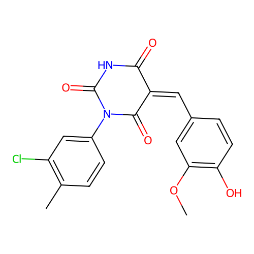 (5Z)-1-(3-chloro-4-methylphenyl)-5-(4-hydroxy-3-methoxybenzylidene)pyrimidine-2,4,6(1H,3H,5H)-trione structure