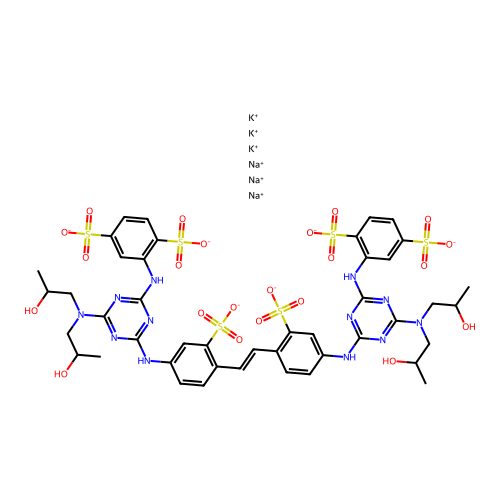 1,4-Benzenedisulfonic acid, 2,2'-(1,2-ethenediylbis((3-sulfo-4,1-phenylene)imino(6-(bis(2-hydroxypropyl)amino)-1,3,5-triazine-4,2-diyl)imino))bis-, potassium sodium salt structure