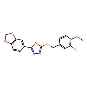 2-(1,3-Benzodioxol-5-yl)-5-((3-fluoro-4-methoxybenzyl)sulfanyl)-1,3,4-oxadiazole structure