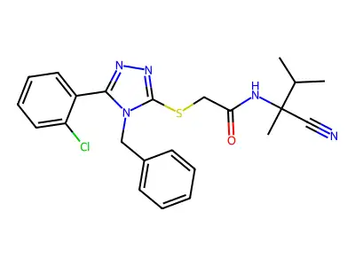 2-[[4-benzyl-5-(2-chlorophenyl)-1,2,4-triazol-3-yl]sulfanyl]-N-(2-cyano-3-methylbutan-2-yl)acetamide structure