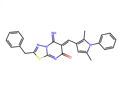 (6Z)-2-benzyl-6-[(2,5-dimethyl-1-phenyl-1H-pyrrol-3-yl)methylidene]-5-imino-5,6-dihydro-7H-[1,3,4]thiadiazolo[3,2-a]pyrimidin-7-one structure