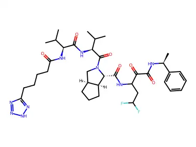 (3S,3aS,6aR)-N-[5,5-difluoro-1,2-dioxo-1-[[(1S)-1-phenylethyl]amino]pentan-3-yl]-2-[(2S)-3-methyl-2-[[(2S)-3-methyl-2-[5-(2H-tetrazol-5-yl)pentanoylamino]butanoyl]amino]butanoyl]-3,3a,4,5,6,6a-hexahydro-1H-cyclopenta[c]pyrrole-3-carboxamide structure